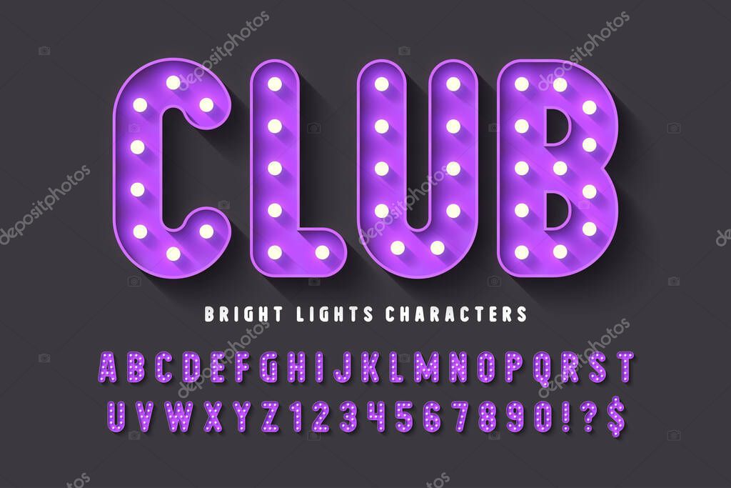 Retro cinema alphabet design, cabaret, warm lamps letters and numbers. Original design