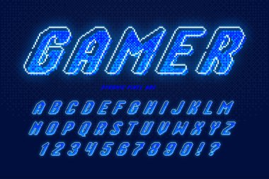 Dinamik pikselli neon alfabe dizaynı, 8-bit oyunlardaki gibi stilize edilmiş. Yüksek kontrastlı ve keskin, geçmişe dönük. Kolay kumaş renk denetimi.