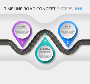Isometric navigasyon haritası 3 adım zaman çizelgesi konsepti. Virajlı yol. Vektör illüstrasyonu