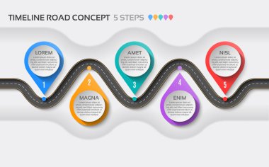 İzometrik navigasyon haritası bilgisel 5 adım zaman çizelgesi konsepti. Virajlı yol. Vektör illüstrasyonu