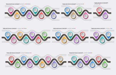 Isometric navigasyon haritası 2-9 adım zaman çizelgesi konsepti. Virajlı yol. Vektör illüstrasyonları ayarlandı.