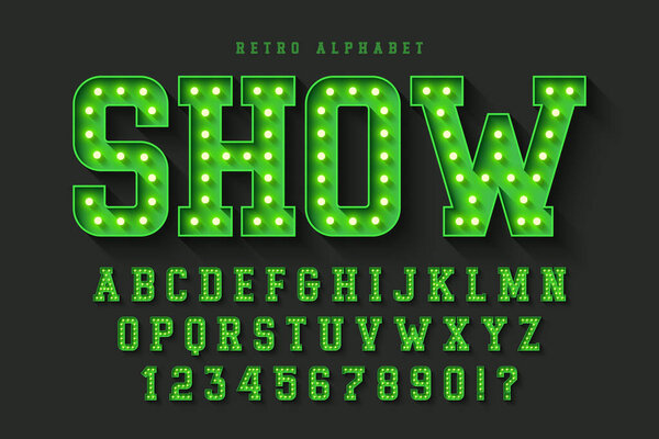 Retro cinema alphabet design, cabaret, warm lamps letters and numbers. Original design