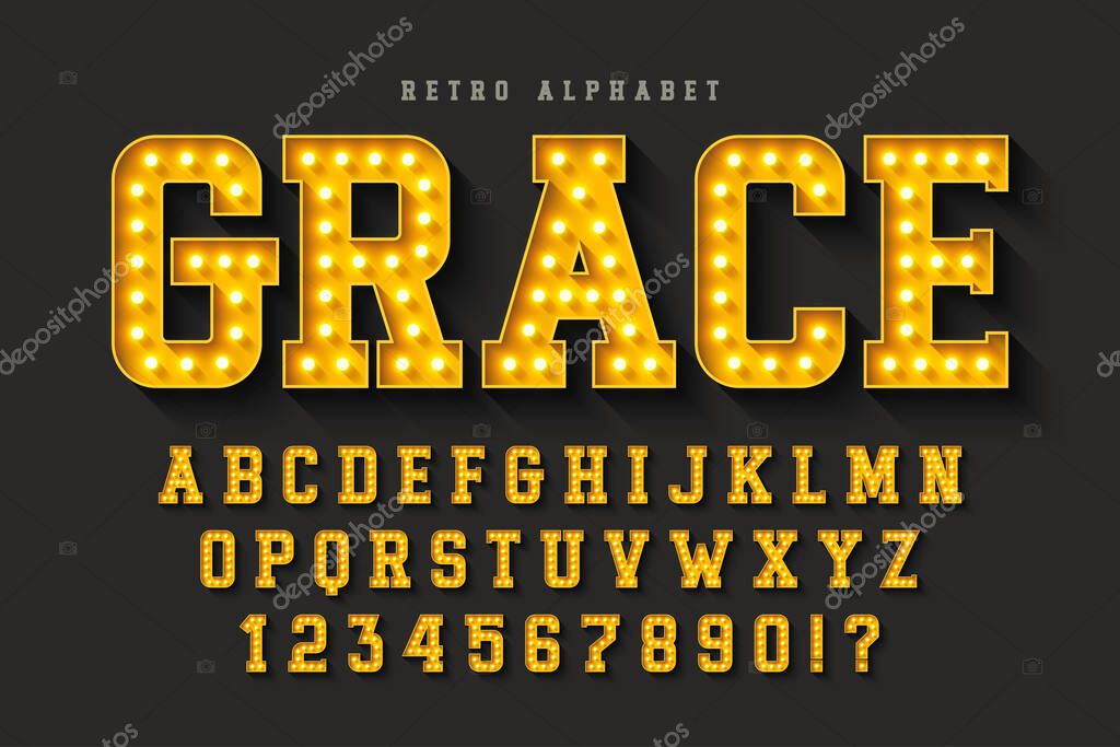 Retro cinema alphabet design, cabaret, warm lamps letters and numbers. Original design