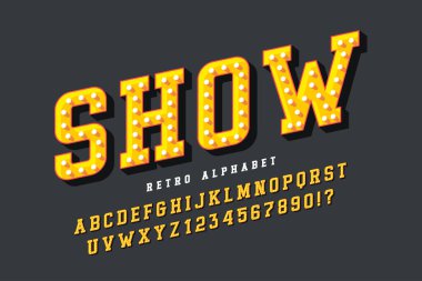 Retro sinema alfabe tasarımı, kabare, sıcak lambalar harfler ve sayılar. Asıl tasarım