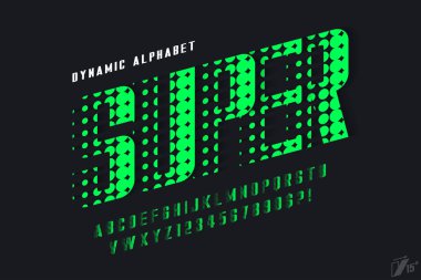 Yarış alfabesi tasarımı, dinamik yazı tipi, harfler ve sayılar. Renk kontrolü. 15 derece eğri