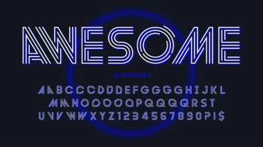 Fütürist alfabe tasarımı, karakter seti, tipografi, harfler ve sayılar. Vektör illüstrasyonu