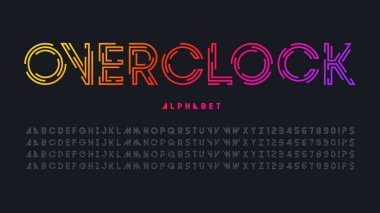 Fütürist alfabe tasarımı, karakter seti, tipografi, harfler ve sayılar. Vektör illüstrasyonu