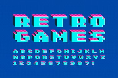 Piksel vektör alfabe dizaynı, 8- bit oyunlarındaki gibi stilize edilmiş. Yüksek kontrastlı ve keskin, geçmişe dönük.