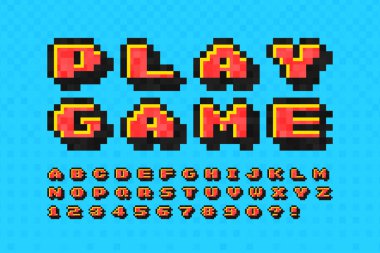 Piksel vektör alfabe dizaynı, 8- bit oyunlarındaki gibi stilize edilmiş. Yüksek kontrastlı ve keskin, geçmişe dönük. Renk kontrolü kolay. Etkiyi yeniden boyutlandır.