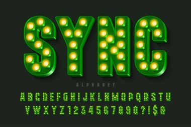 Led light 3d alphabet, retro-futuristic original type. Vector characters set clipart