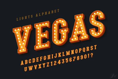 Sinema alfabesi tasarımı, kabare, retro lambalar harfler ve sayılar. Asıl tasarım