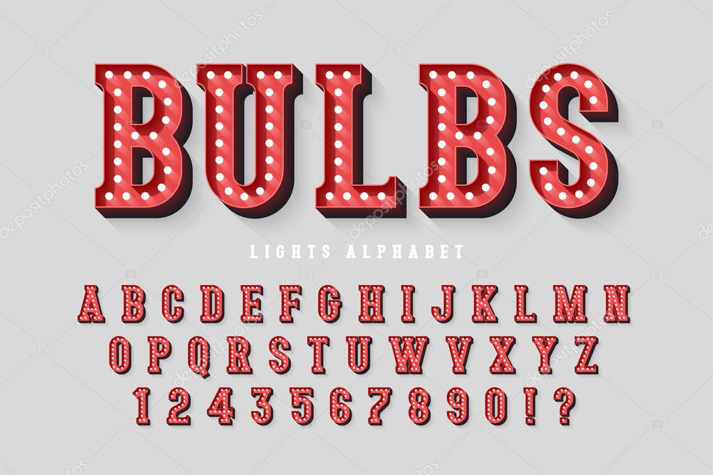 Cinema alphabet design, cabaret, retro lamps letters and numbers. Original design