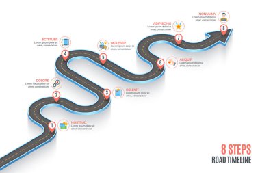 İzometrik navigasyon harita Infographic 8 adımlar zaman çizelgesi kavramı. Yoldayım. Vektör çizim.
