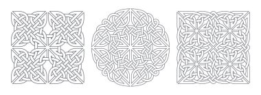 Kelt kare ve dairesel düğümler. Geometrik dekoratif süs tasarımı. Vektör illüstrasyonları ayarlandı
