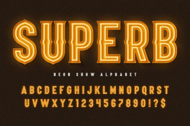 Retro sirk alfabe tasarımı, kabare, peri neon lambaları harfler ve sayılar. Asıl tasarım