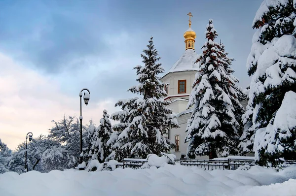 Ławra Kijowsko Peczerska Zimowy Widok Kościół Poczęcia Anny — Zdjęcie stockowe