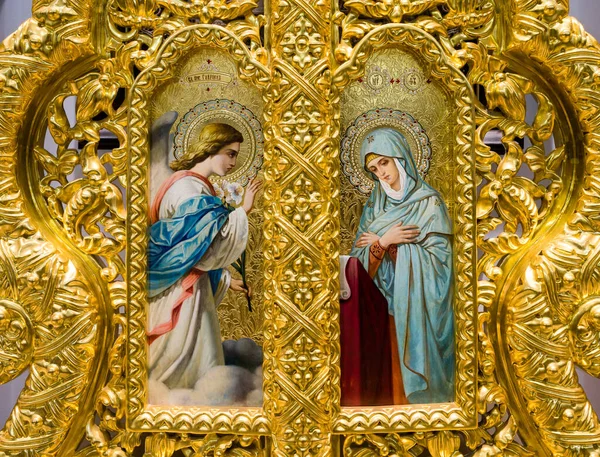 Icona Dipinta Mano Dell Annunciazione Nell Iconostasi Dorata Della Chiesa — Foto Stock