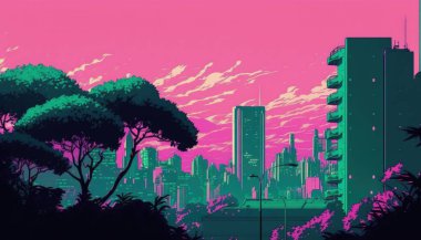 Şehir silüeti illüstrasyon manga tarzı, yeşil gölgeler, soğuk