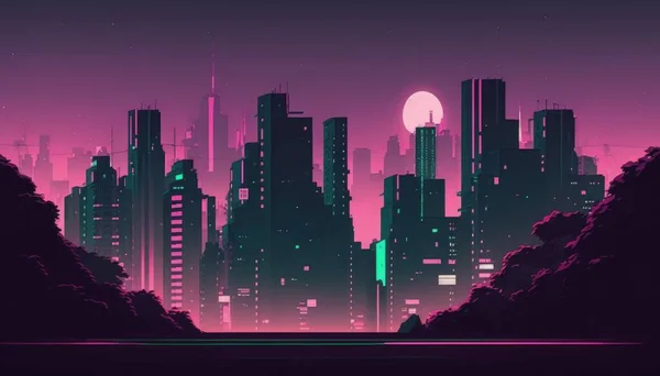 Şehir silüeti illüstrasyon manga tarzı, yeşil gölgeler, soğuk