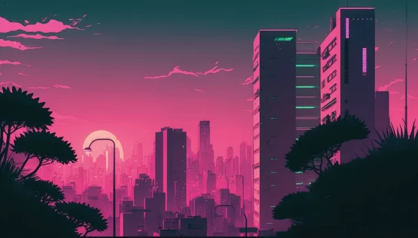 Stad Skyline Illustratie Manga Stijl Groene Tinten Chill — Stockfoto