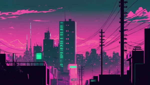 Stad Skyline Illustration Manga Stil Gröna Nyanser Chill — Stockfoto