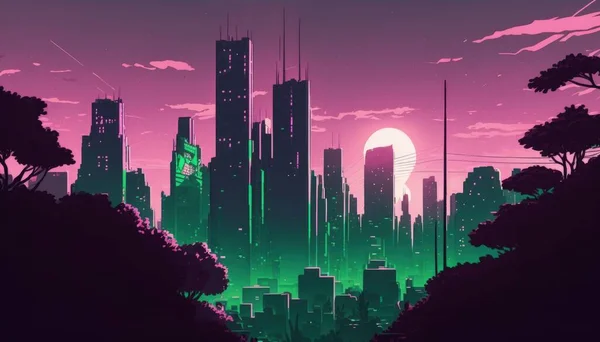 Miasto Panorama Ilustracja Manga Styl Zielone Odcienie Chill — Zdjęcie stockowe