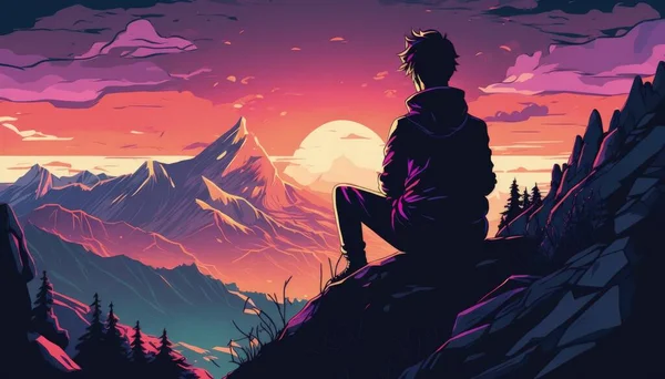Young Man Sitting Mountain Sunset — Stock Photo, Image