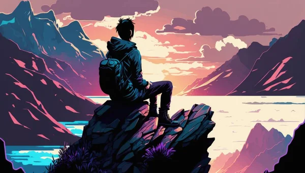 Genç adam bir dağda oturuyor, gün batımında