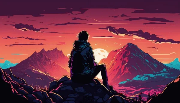 Genç adam bir dağda oturuyor, gün batımında