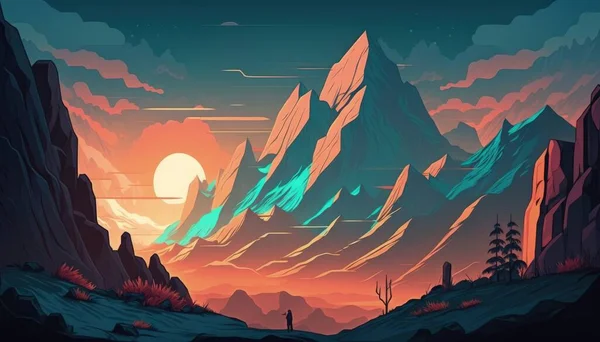 Bir insan, arkasında günbatımı olan bir dağın önünde durur..