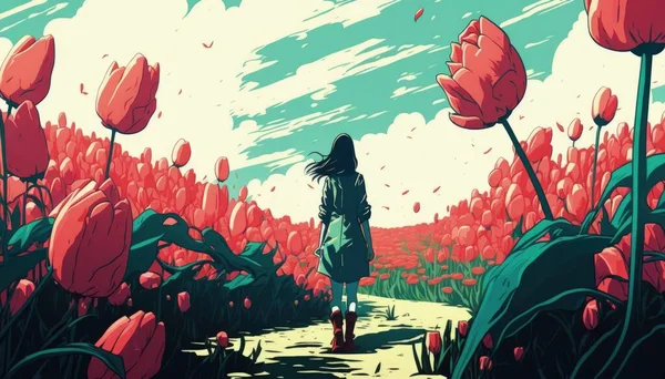 a woman walking through a field of white tulips