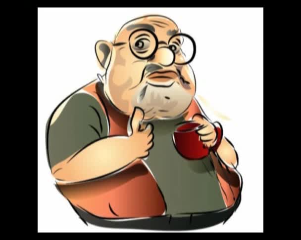 Abuelo Bebiendo Café Animación Dibujos Animados — Vídeos de Stock