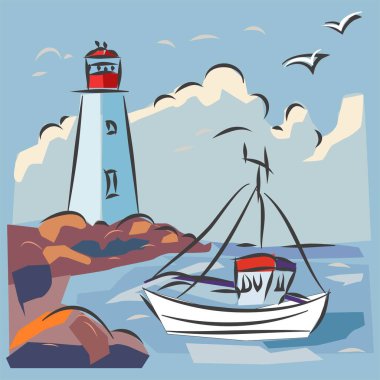 Deniz feneri Çizimi ve Vektör İllüstrasyonu