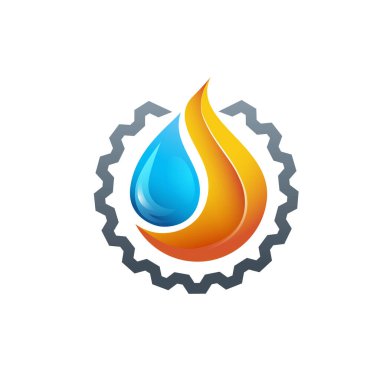 Fire, Water and Gear elements vector for HVAC, Climate, Natural, or Oil Company Logo Icon Emblem Design Concept. clipart