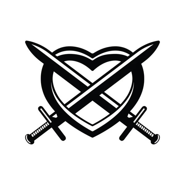 Dos Espadas Través Del Icono Del Corazón Icono Tatuaje Elemento — Archivo Imágenes Vectoriales