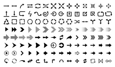 Oklar hazır. Ok simgesi koleksiyonu. Farklı oklar ya da web tasarımı ayarla. Beyaz arkaplan vektöründe düz ok biçimi izole edildi.