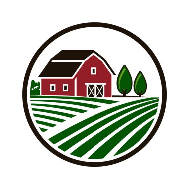 Farm House konsept logosu. Çiftlik manzaralı bir şablon. Doğal tarım ürünleri için etiket. Beyaz arkaplanda renk logosu izole edildi. Vektör illüstrasyonu.