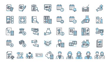 Gelir, maaş, para ve işle ilgili bir çizgi ikonu. Taslak simge koleksiyonu. Düzenlenebilir felç. Vektör illüstrasyonu