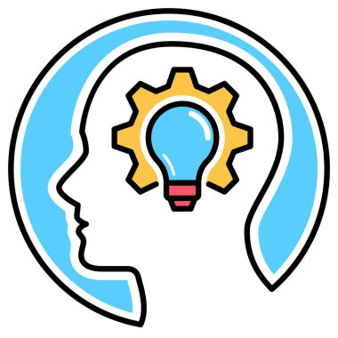 Dişli beyin lambası ampul ikonuna sahip insan kafası. İllüstrasyon beyin fırtınası süreci kavramı.