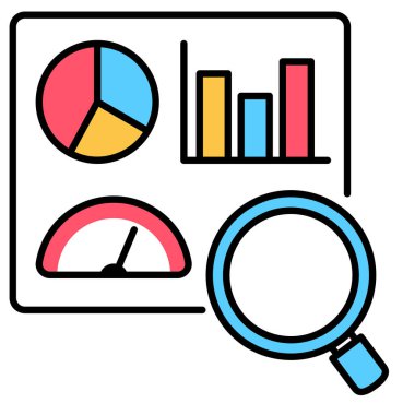 Veri analiz çizelgesi ve raporu, pazarlama içgörüsü, analitik veya optimizasyon diyagramı, akıllı bilgi ve iş adamı büyüteçle veri analiz eder veya analiz eder.