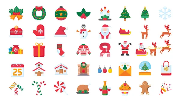 Noel 'le ilgili düz renkli nesneler kümesi. Noel Baba, kardan adam, hediyeler ve ağaç. Tebrik kartları için elementler.