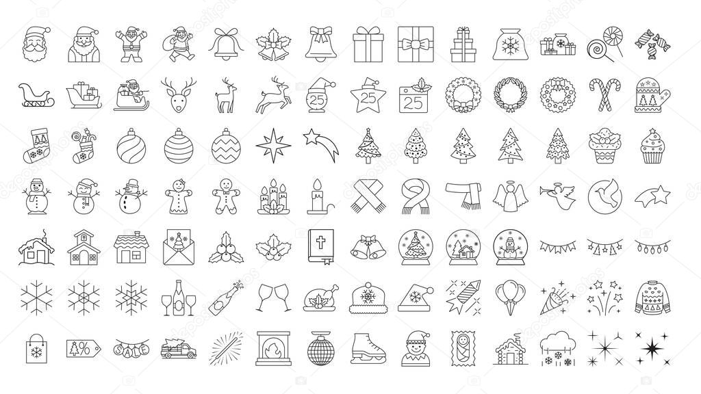 Christmas and New Year holidays icon set. Christmas line web icon or logo set on white background. Flat style collection. Vector illustration