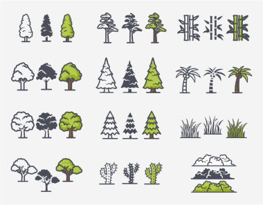 Düz orman ağaçları ikonları, bahçe ya da park manzarası elementleri. 