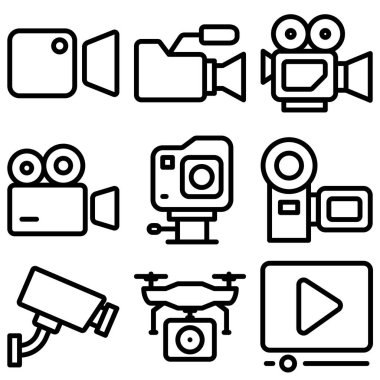 Medya, kayıt ve film temalarını temsil eden video kamera simgesi seti
