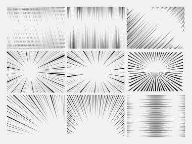 Manga çizgi film hız çizgisi seti. Anime radyal ışık patlaması çizimi. Yakınlaştır ve hareket efektleri arka plan.