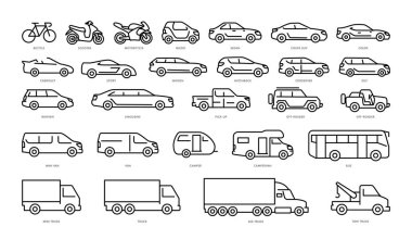 Değişik ulaşım çizgisi simgeleri. Web ve uygulama için araç ögeleri arasında scooter, sedan, üstü açılabilir ve kamyon yer almaktadır.