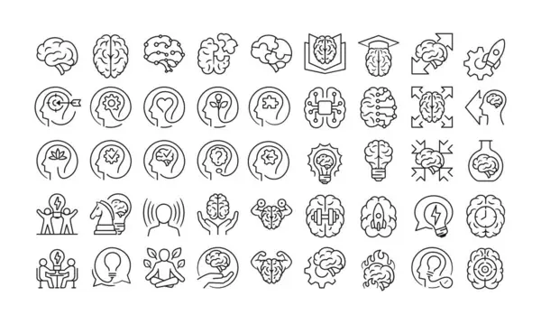 Düşünme süreçlerini, yapay zekayı ve akıl sağlığını temsil eden çok yönlü bir beyin ikonu seti.