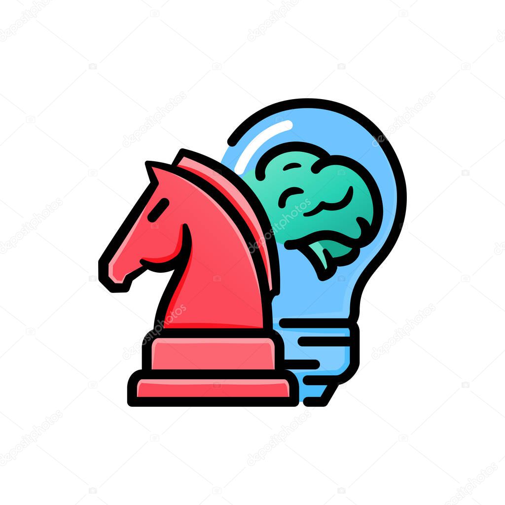 A icon featuring a chess knight with a brain-filled light bulb, symbolizing strategic thinking, intelligence, and creative problem-solving in business or education in logo concepts.