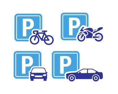 Araç Simgesi İşareti için Otopark İşareti. Araba, motosiklet, bisiklet park alanı..