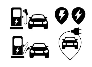 Kapsül sembollü elektrikli araba. EV araba Yeşil hibrit araçlar şarj noktası illüstrasyon.